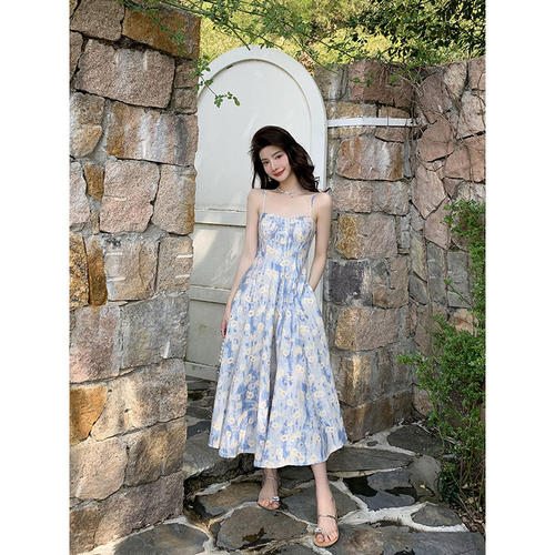 法式蓝色度假长裙海边高