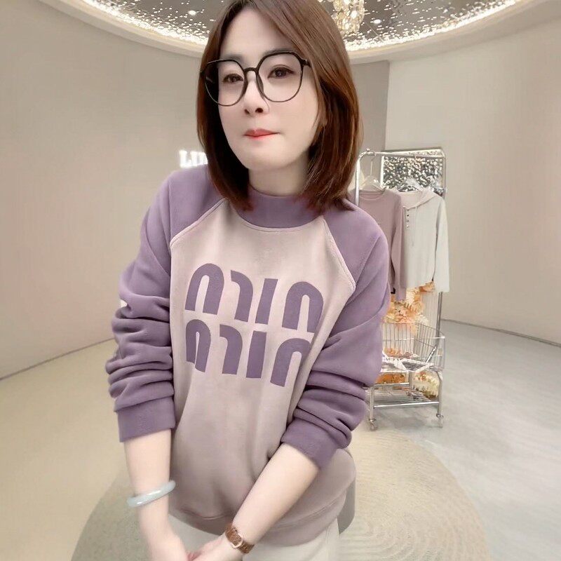 2024年冬双面奥粒绒防风保暖撞色拼接字母印花加绒加厚中领卫衣女