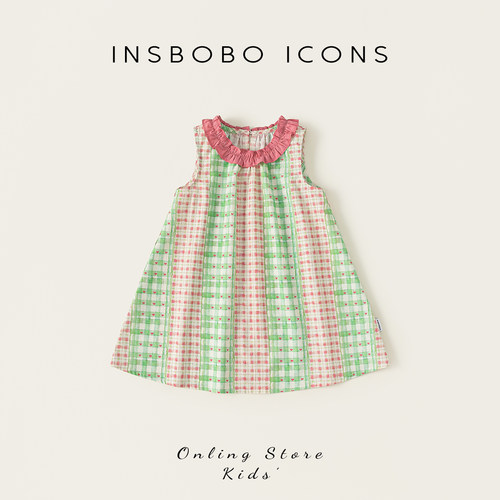 INSbobo荷叶边领无袖格子连衣裙
