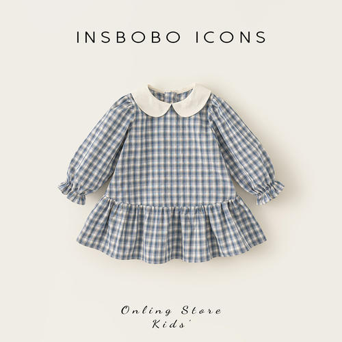INSbobo娃娃领格子长袖连衣裙
