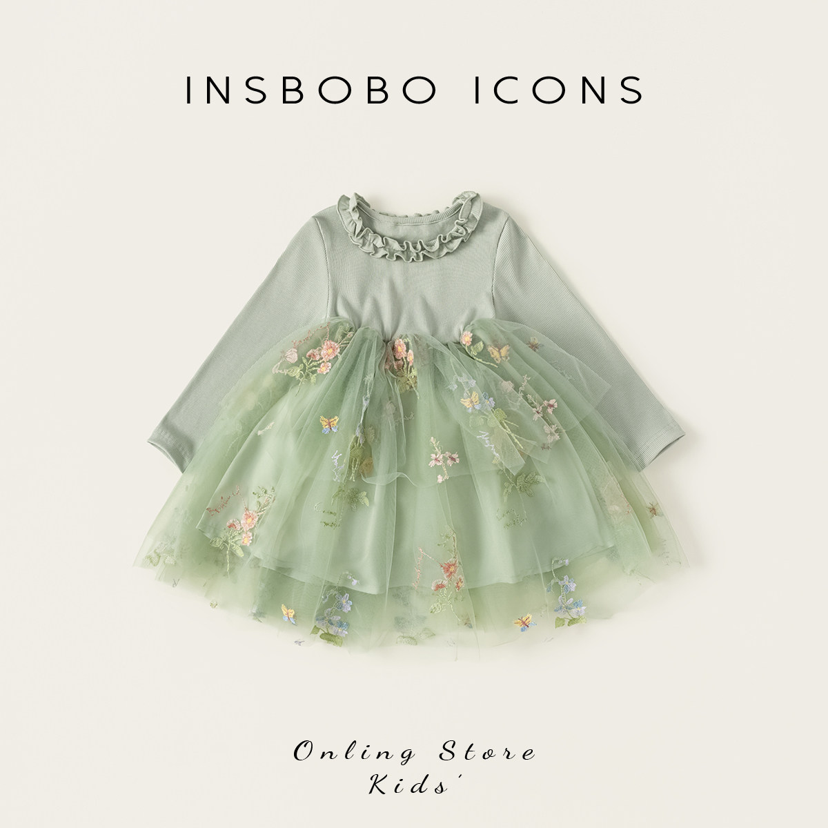 INSbobo荷叶领网纱长袖连衣裙图片