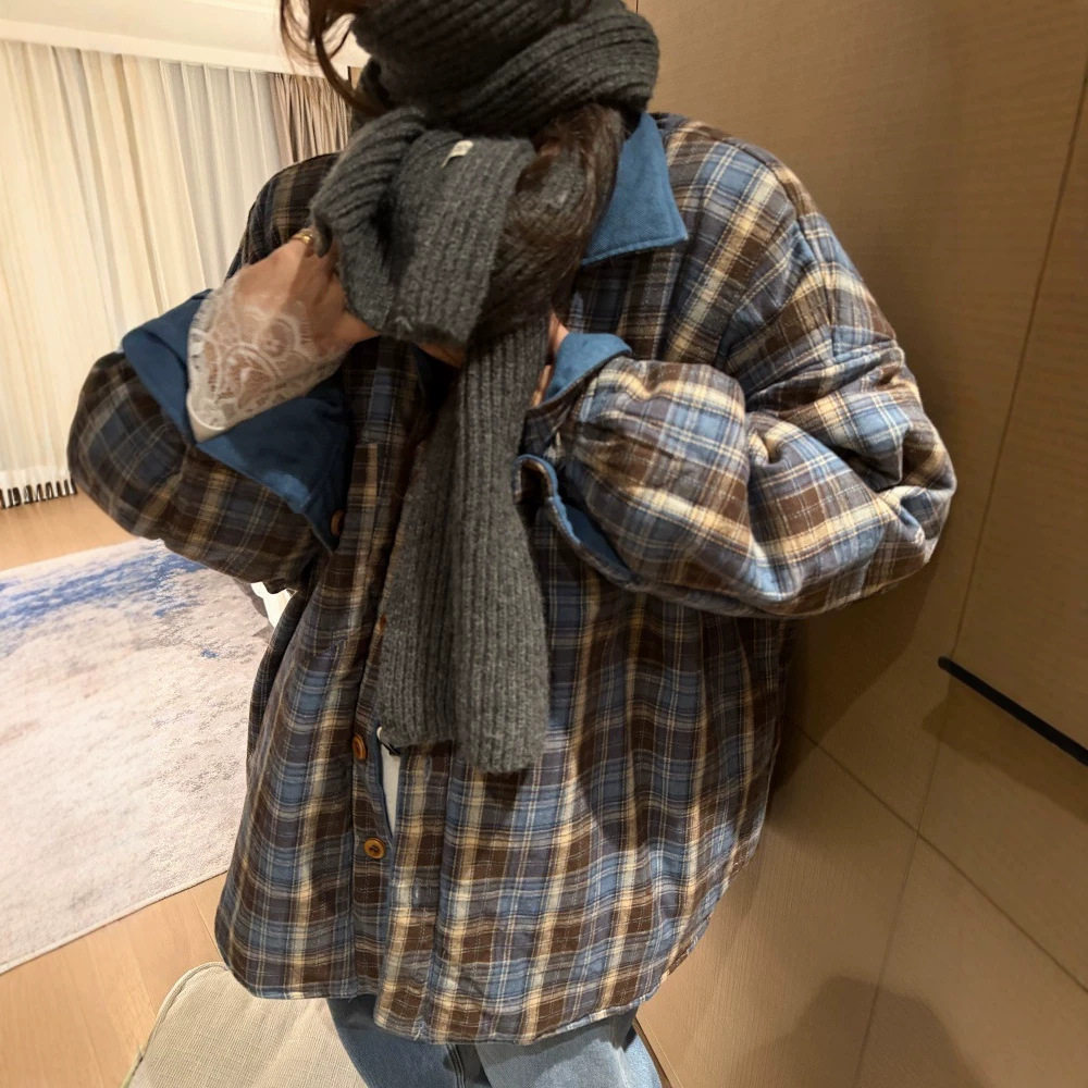 水洗牛仔两面穿格子夹棉外套女