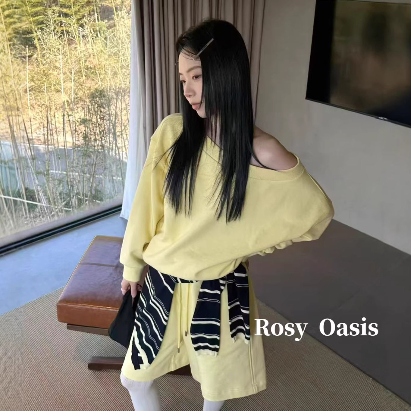 现货秒发-春款美式宽松大圆领漏肩卫衣+休闲短裤套装长袖T女5102