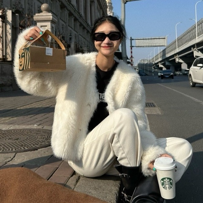 现货折扣一秋冬氛围感轻奢环保皮草韩系老钱风短款毛毛外套女N821