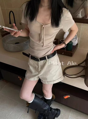 PlantAle高腰显瘦卷边阔腿热裤