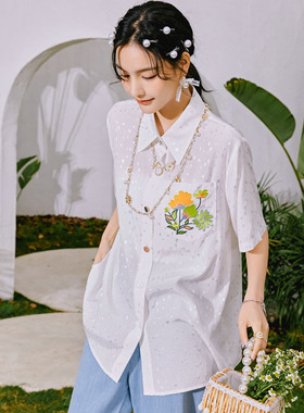 复古花朵口袋刺绣宽松衬衫~韩版经典百搭通勤白色衬衣女生SG8862