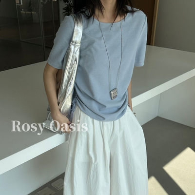 韩系设计款侧边抽绳短袖T恤