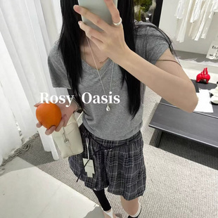 PlantAle韩系设计感V领短袖T恤精梳棉女新款侧边褶皱休闲上衣5666