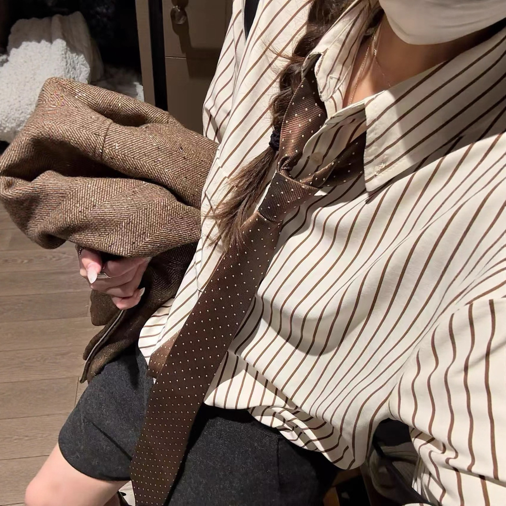 韩系高智感水洗绒条纹衬衫