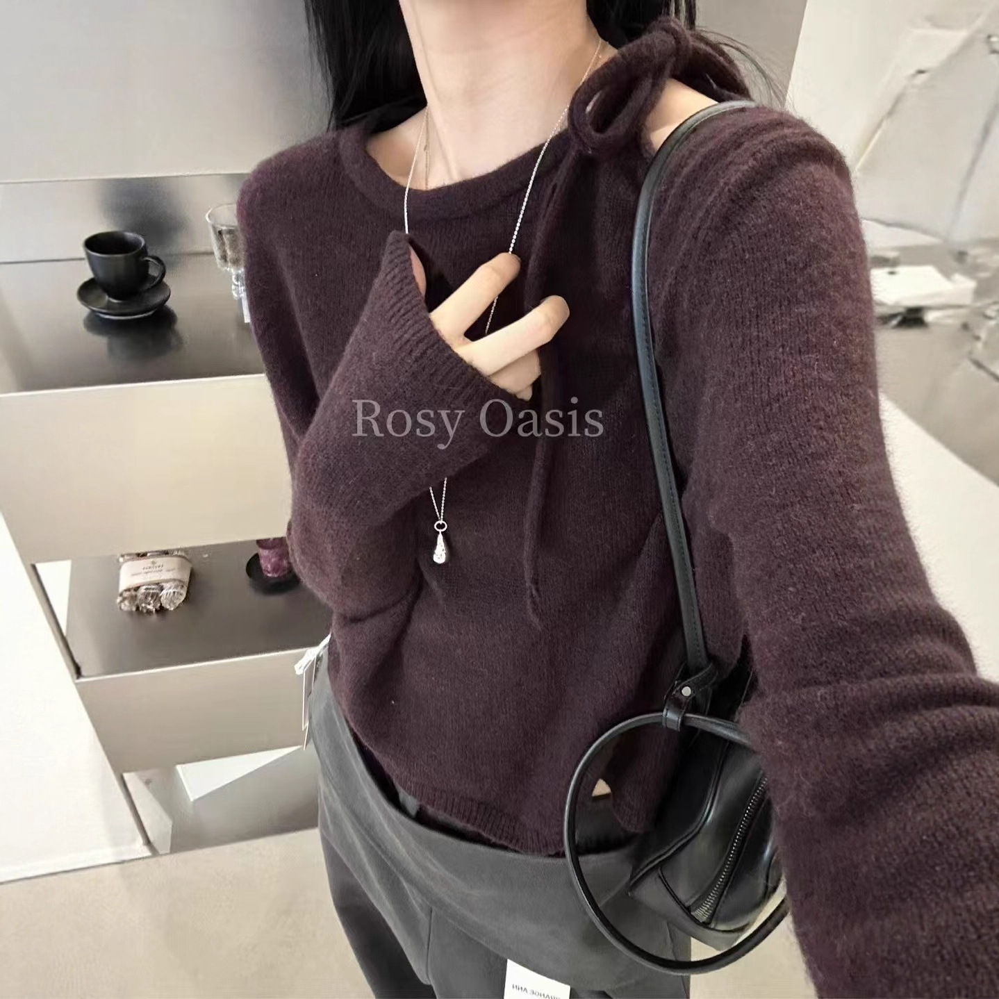 时髦减龄绑带设计薄毛衣一美丽奴羊毛超细马海毛打底针织衫P5077