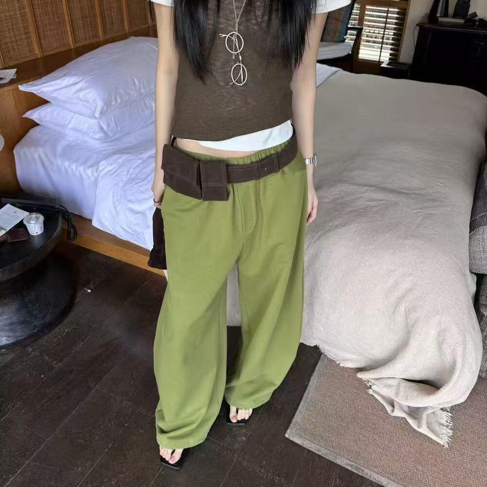 韩系全棉高腰显瘦拼接阔腿卫裤