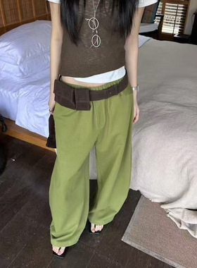 现货秒发~PlantAle韩系休闲拼接阔腿裤显瘦高腰全棉卫裤女Q6272