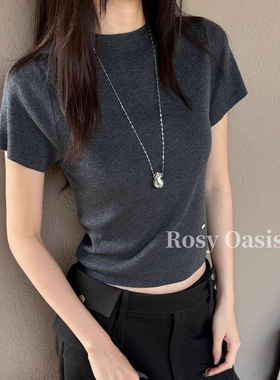 韩系早秋新款短袖针织T一羊毛混纺2025新薄毛衣气质打底衫女P5088