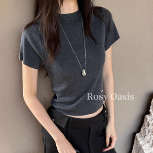 女P5088 针织T一羊毛混纺2025新薄毛衣气质打底衫 韩系早秋新款 短袖