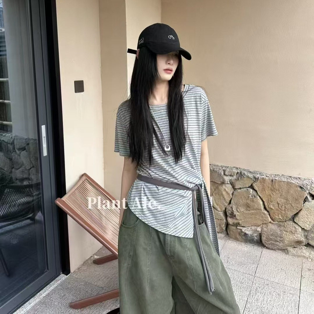 天丝棉美式复古条纹宽松短袖T