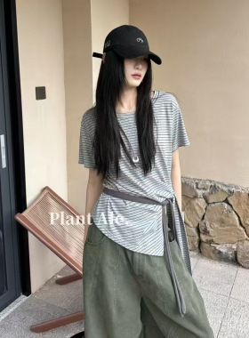 现货秒发一PlantAle美式复古条纹天丝棉休闲绑带收腰短袖T女5523