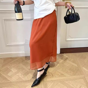 通勤腰长半身裙V6005 新款 明亮橘色双层薄纱裙 BANANACANDY夏季