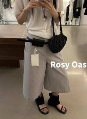韩系松弛感休闲中裤一慵懒风小个子七分裤女送腰带腰包W6271