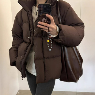 现货折扣一复古条纹白鸭绒羽绒衣冬季时髦短款立领面包服女8D0165