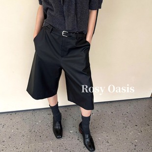 宽松显瘦直筒五分裤 现货秒发 女E6212 简约休闲裤 韩式 春款 PU皮短裤