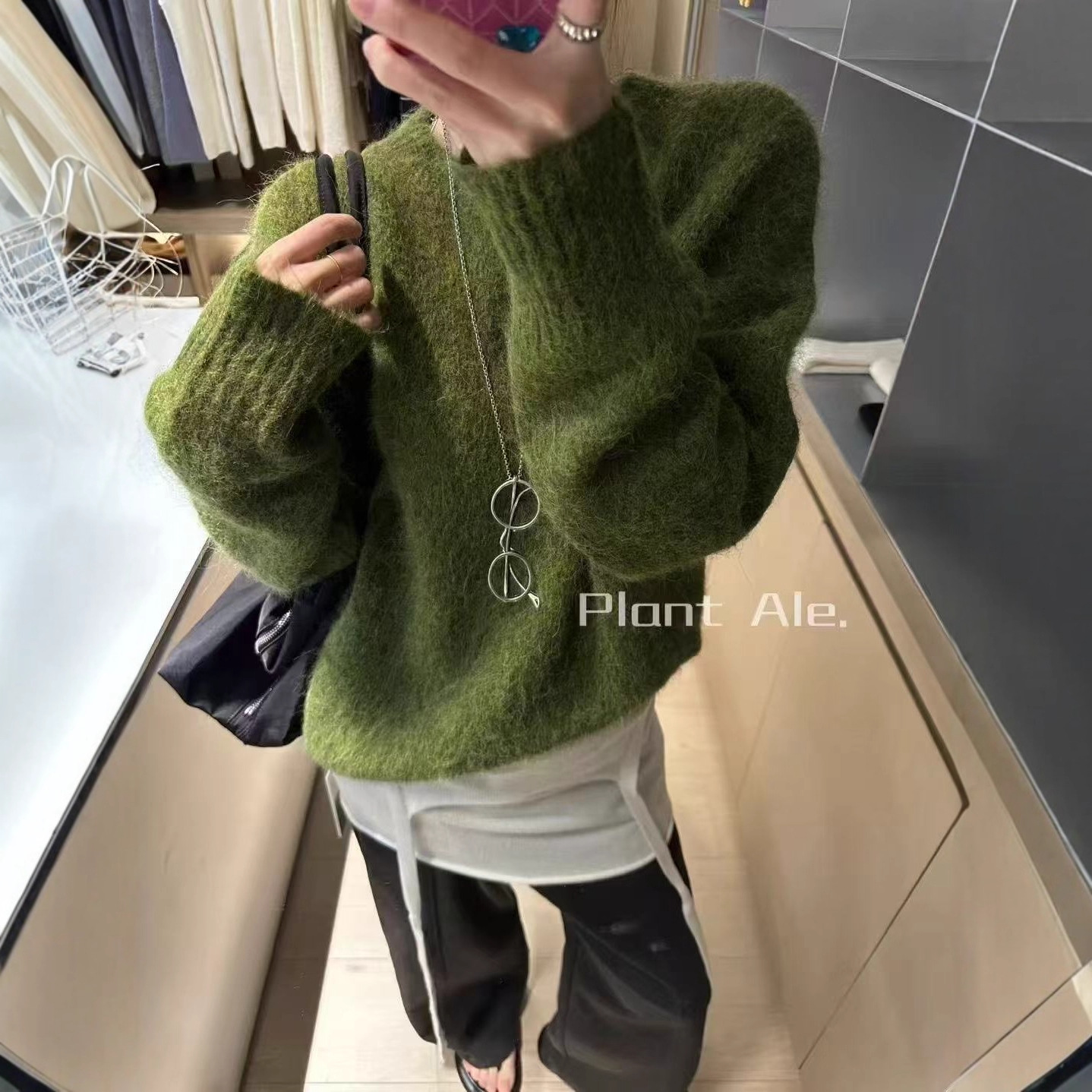 韩系绝美绿色松驰感驼羊毛毛衣女