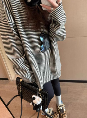 首尔云感绒条纹针织T恤一韩系松弛感柔软亲肤加厚宽松打底衫5211