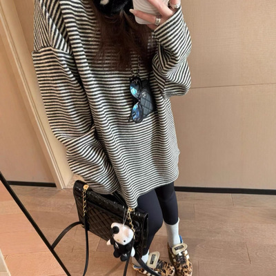 首尔云感绒条纹针织T恤一韩系松弛感柔软亲肤加厚宽松打底衫5211