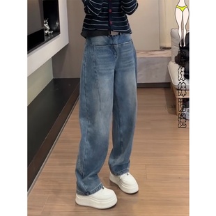 直筒牛仔裤 窄版 女士显瘦洋气弯刀裤 大码 2026年春季 遮肉阔腿裤 新款