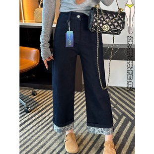 女高腰宽松显瘦百搭直筒裤 休闲复古卷边阔腿牛仔裤 新款 2026年春季