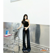 子 女宽松显瘦休闲高腰长裤 猫猫家加长女裤 秋冬水洗做旧阔腿牛仔裤