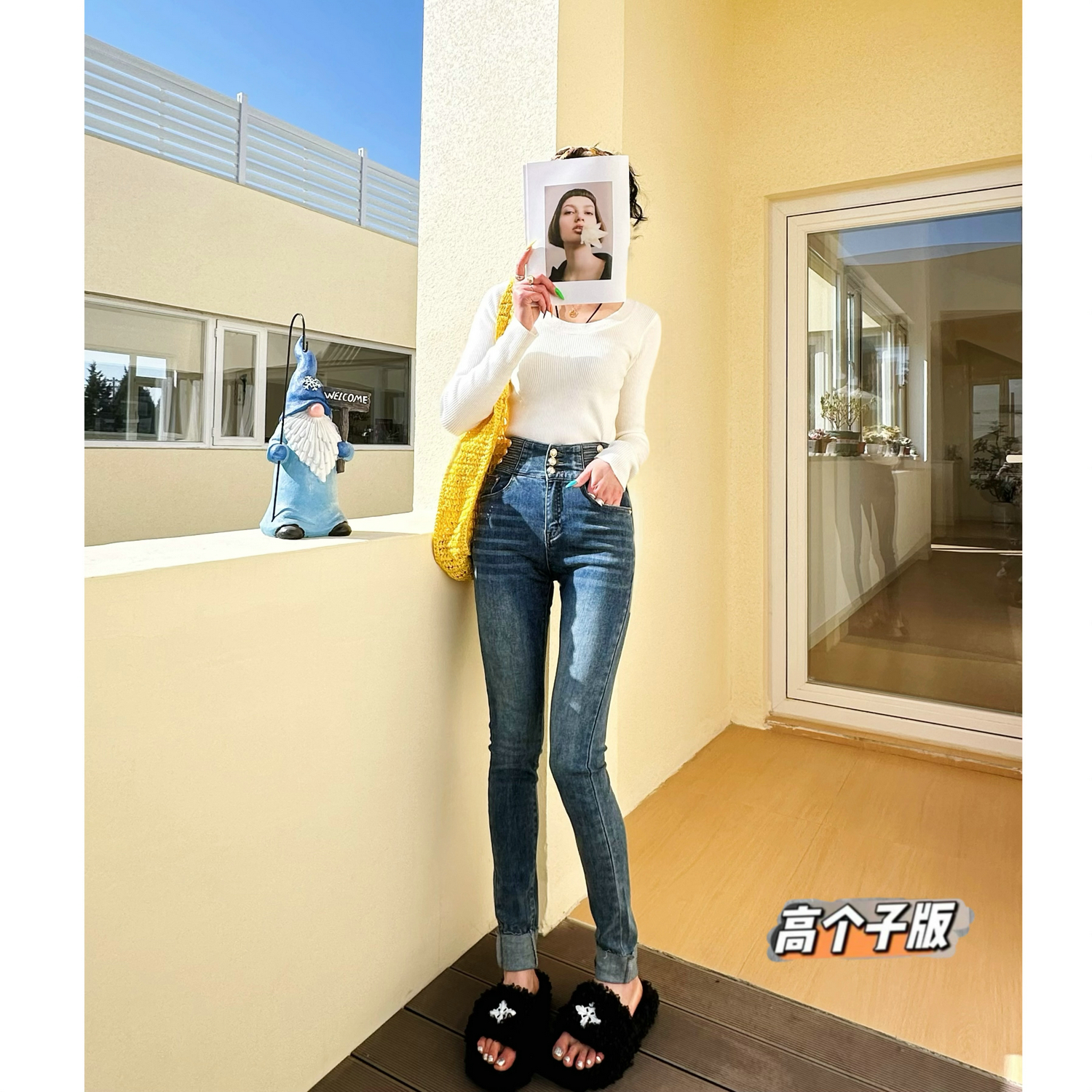猫猫家加长女裤春夏牛仔裤女高腰排扣显瘦紧身蓝色小脚铅笔裤子女