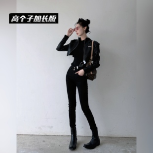 猫猫家加长女裤春秋黑色小脚牛仔裤高腰紧身弹力显瘦高个子铅笔裤