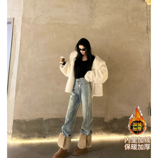 猫猫家加长女裤秋冬加绒加厚高个子高腰满天星亮闪水洗蓝色拖地裤