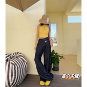夏薄款 裤 子宽松百搭美式 猫猫家加长女裤 复古深蓝色天丝阔腿牛仔裤