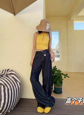 猫猫家加长女裤夏薄款裤子宽松百搭美式复古深蓝色天丝阔腿牛仔裤