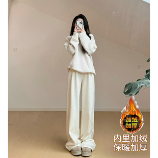 裤 女宽松显瘦阔腿裤 秋冬加绒加厚慵懒风抽绳休闲裤 猫猫家加长女裤