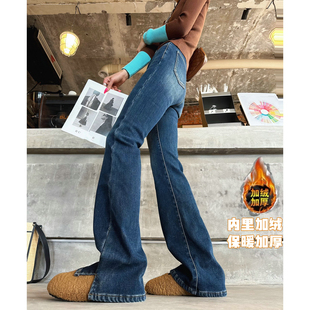 猫猫家加长女裤秋冬加绒加厚经典复古显瘦微喇牛仔裤弹力修身长裤