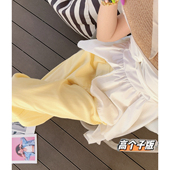 女高腰显瘦休闲拖地直筒裤 猫猫家加长女裤 春夏黄色天丝垂感阔腿裤