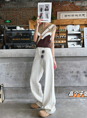 猫猫家加长女裤米白色牛仔裤秋冬四面弹力高腰显瘦宽松阔腿拖地裤