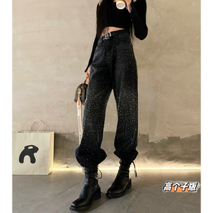 猫猫家加长女裤高个子黑色满天星爆闪满钻牛仔裤女小众烫钻阔腿裤