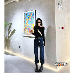 猫猫家加长女裤高个子显瘦百搭四面弹复古高腰修腿水洗蓝牛仔裤女