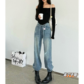 春夏高腰宽松显瘦阔腿裤 猫猫家加长女裤 高个子重工烫钻直筒牛仔裤