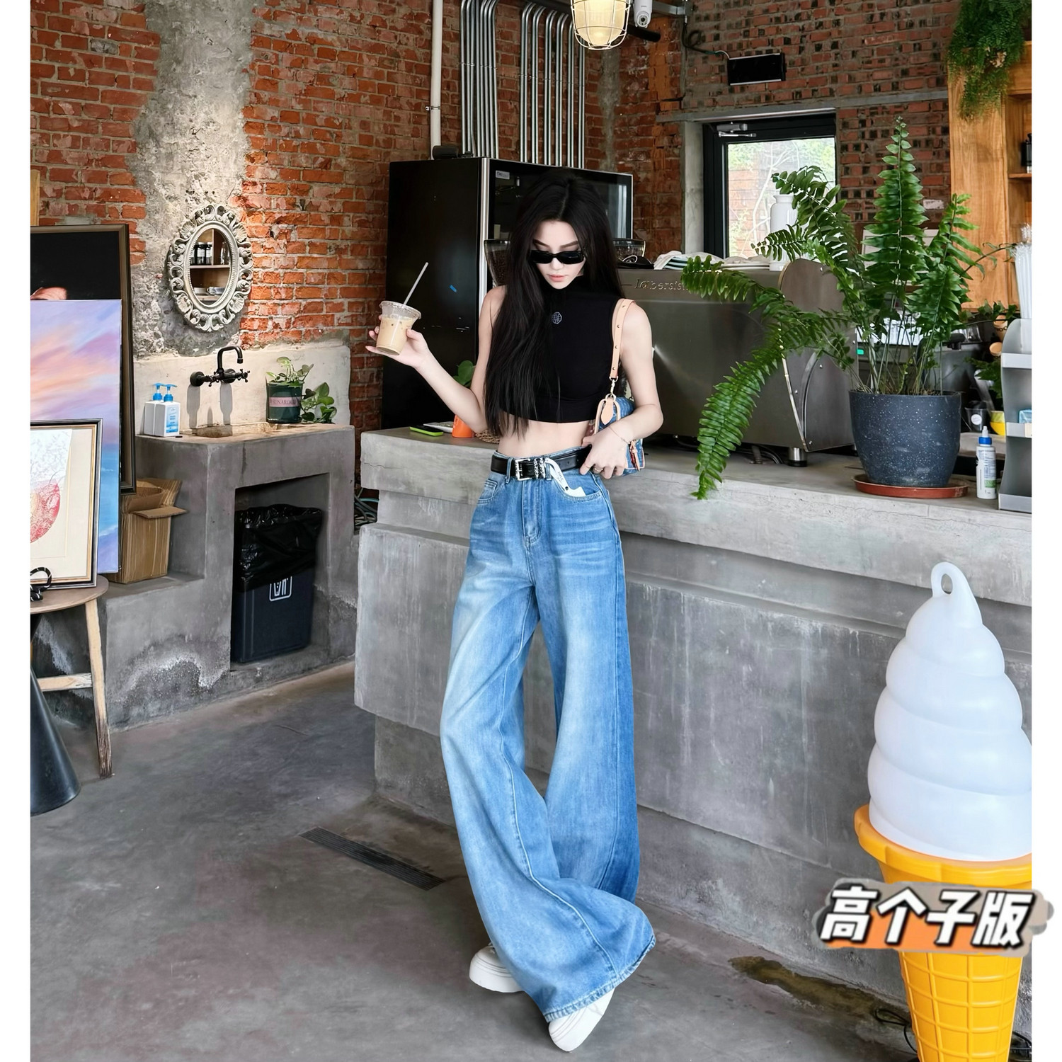 猫猫家加长女裤高个子夏季蓝色渐变牛仔裤百搭显瘦日常通勤阔腿裤