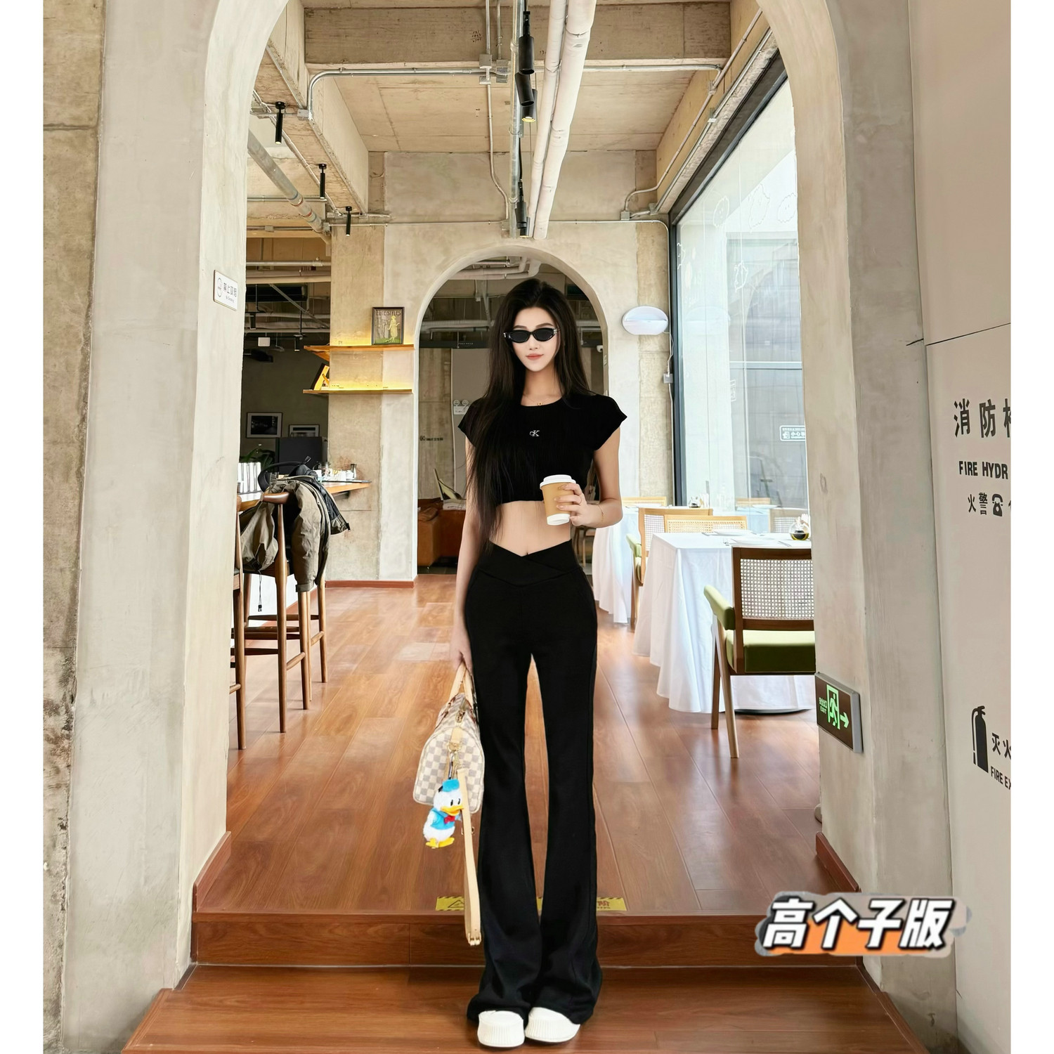 猫猫家加长女裤高个子辣妹抽绳V腰微喇黑色瘦瘦裤垂感拖地喇叭裤