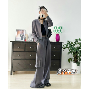 春夏高克重全棉立裁灰色重工水洗卫衣工装 猫猫家加长女裤 套装