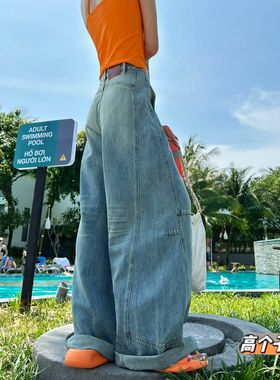 猫猫家加长女裤高个子美式复古弯刀牛仔裤女春夏宽松阔腿裤拖地裤