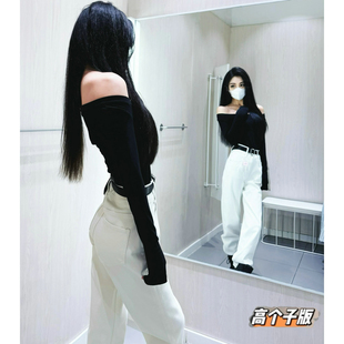 猫猫家加长女裤秋冬四面弹力高个子白色烟管牛仔裤直筒窄版阔腿裤