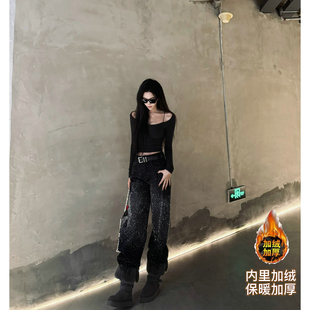 猫猫家加长女裤高个子加绒加厚宽松高腰显瘦满天星烫钻弯刀牛仔裤