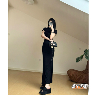 连衣裙女夏季 猫猫家高个子辣妹风黑色圆领短袖 弹力收腰鱼尾包臀裙
