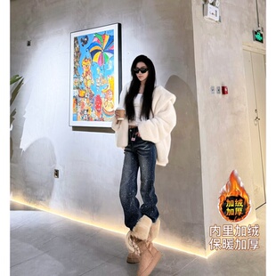 猫猫家加长女裤秋冬加绒加厚美式闪钻裤女高个子喇叭裤爆闪牛仔裤